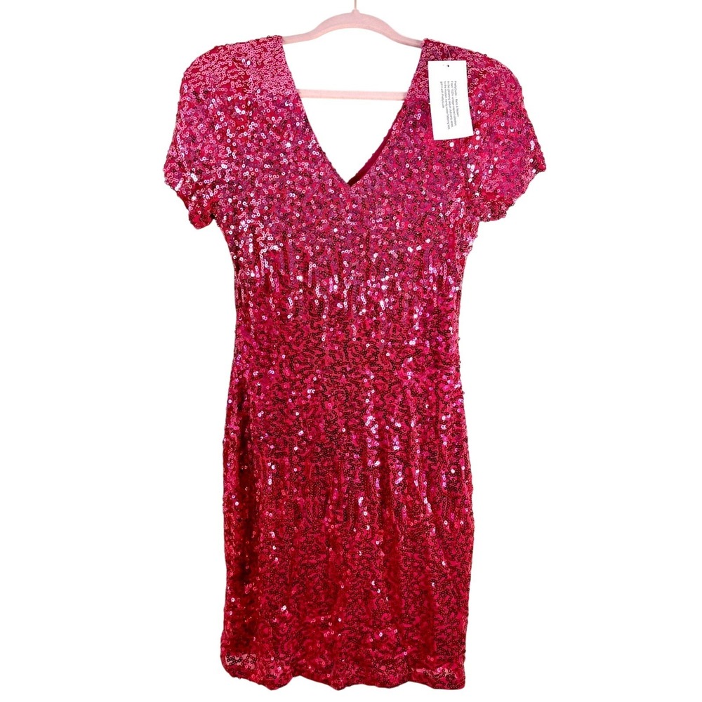 PrettyGuide Sequin Dress Women Small Pink V-Neck Bodycon Mini Cocktail Party